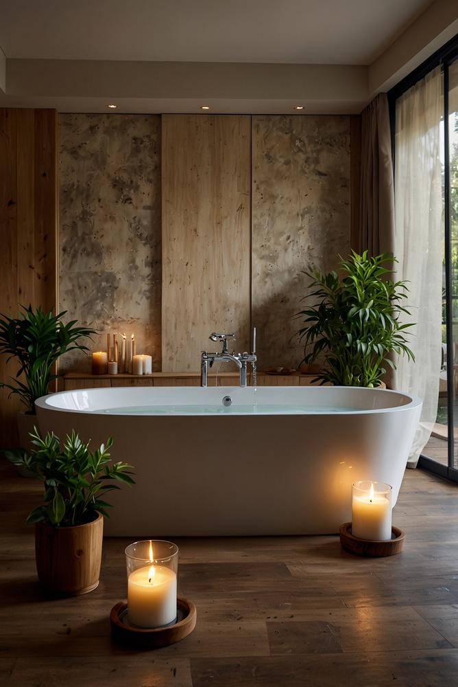 Romantisches Schlafzimmer mit freistehender Badewanne und Spa-Ambiente