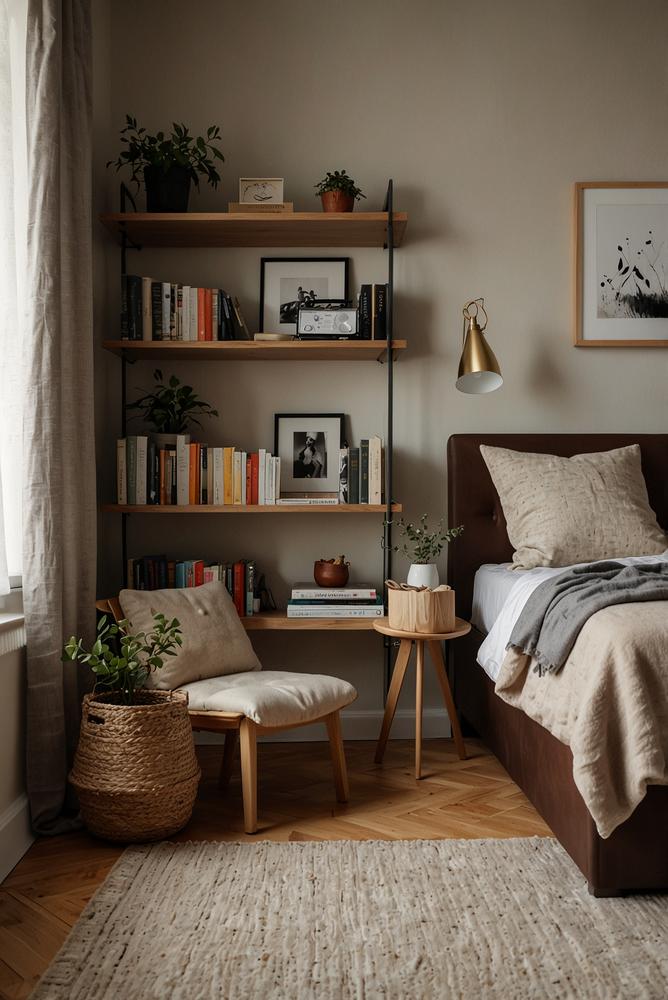 Romantisches Schlafzimmer mit Leseecke und Bücherwand