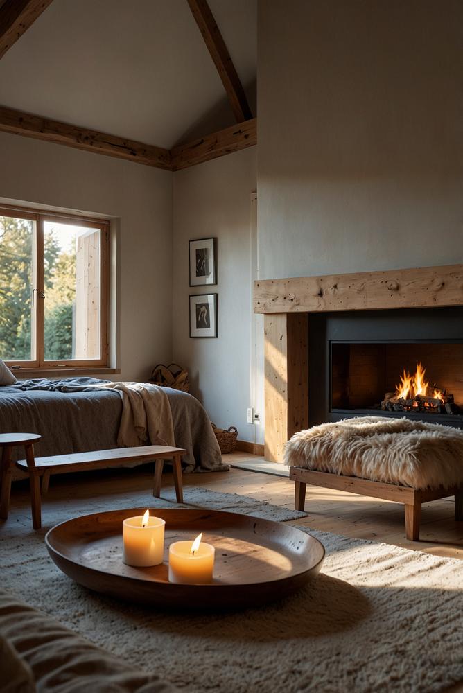 Helles Schlafzimmer mit offenem Kamin und Sitznische