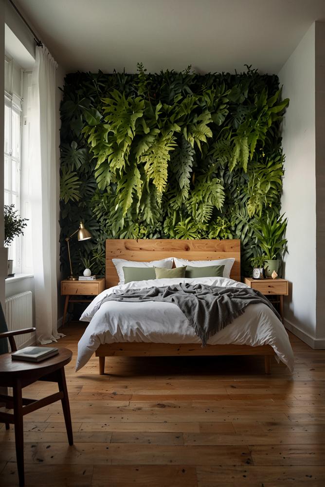 Romantisches Schlafzimmer mit üppiger grüner Pflanzenwand