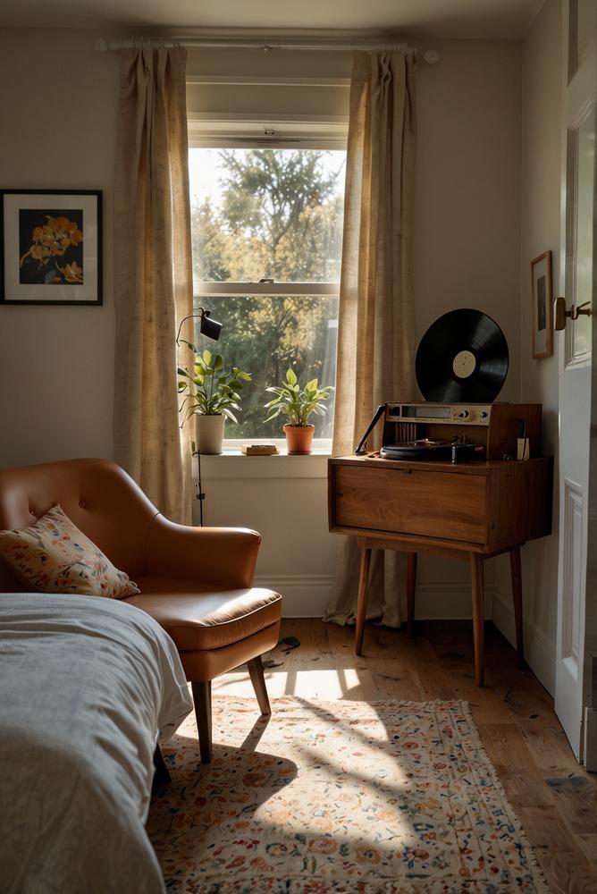 Romantisches Schlafzimmer mit Plattenspieler und Musikinsel