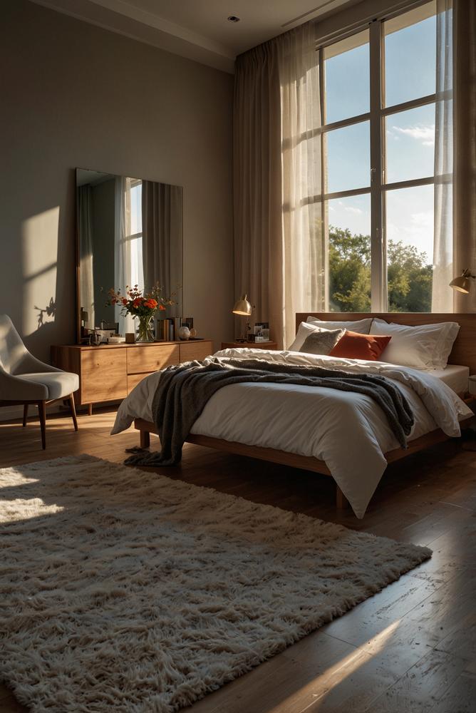Helles romantisches Schlafzimmer mit Spiegelwand und indirekter Beleuchtung