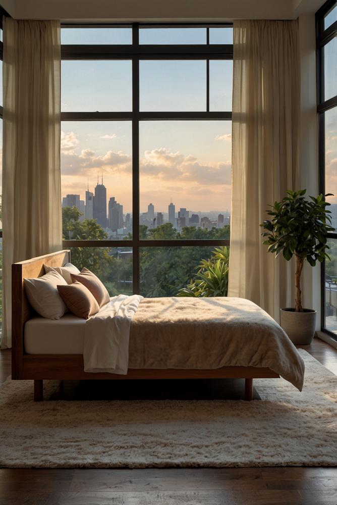 Romantisches Schlafzimmer mit Tagesbett vor großem Fenster