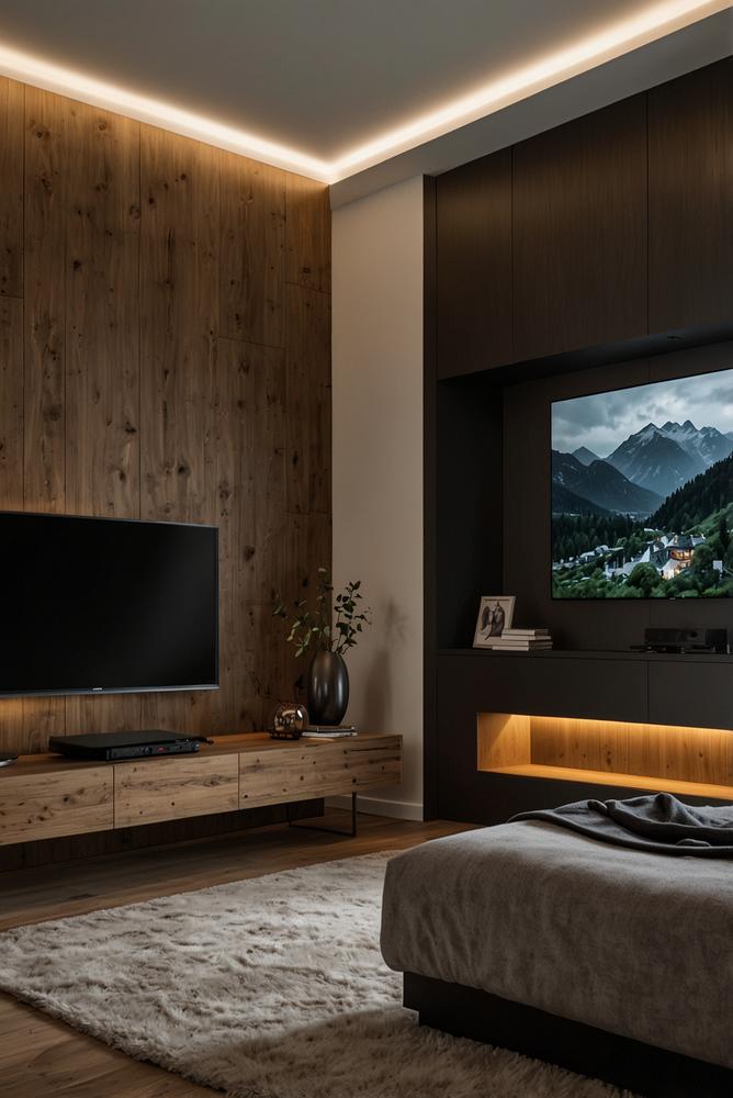 Romantisches Schlafzimmer mit TV-Wand und dimmbarem Licht