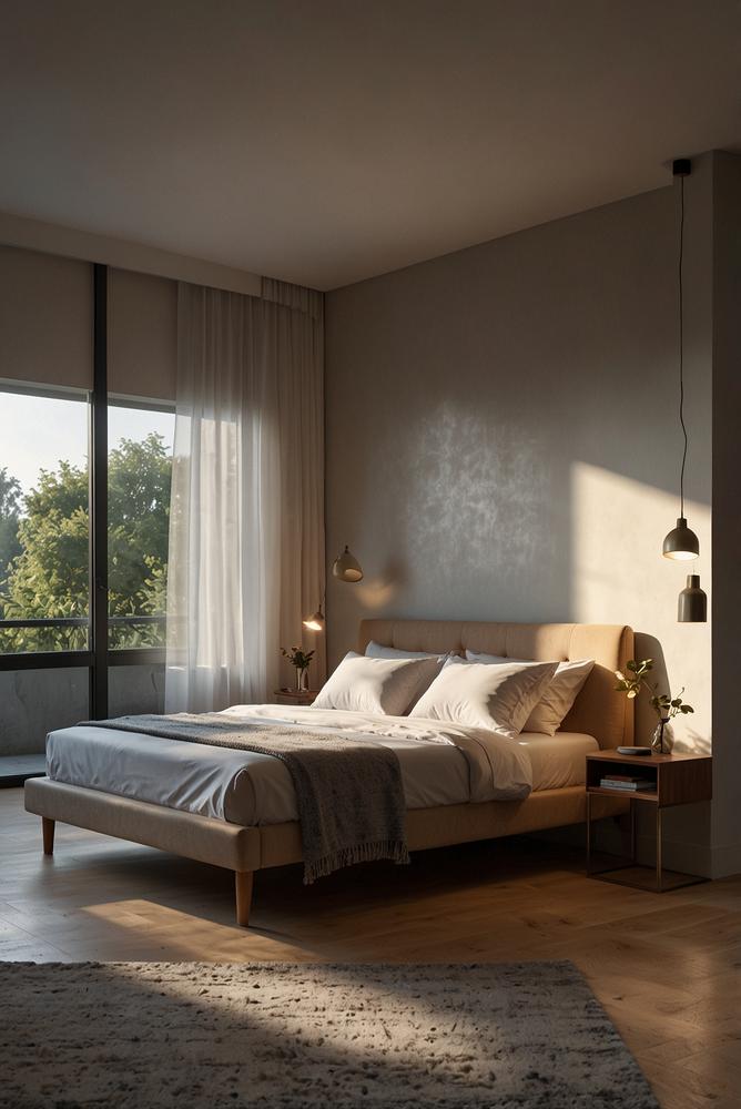 Modernes Schlafzimmer mit smarter Beleuchtung und Szenensteuerung