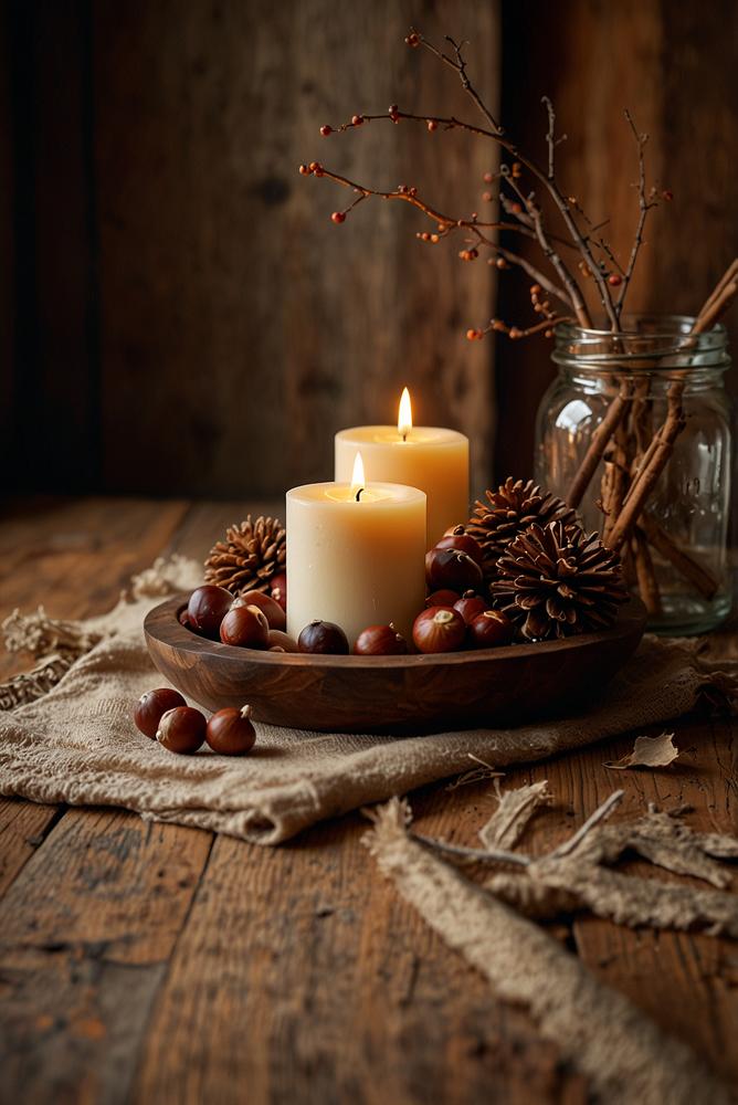 Rustikaler Holztisch mit Leinenlaeufer und Kastanien in herbstlicher Deko