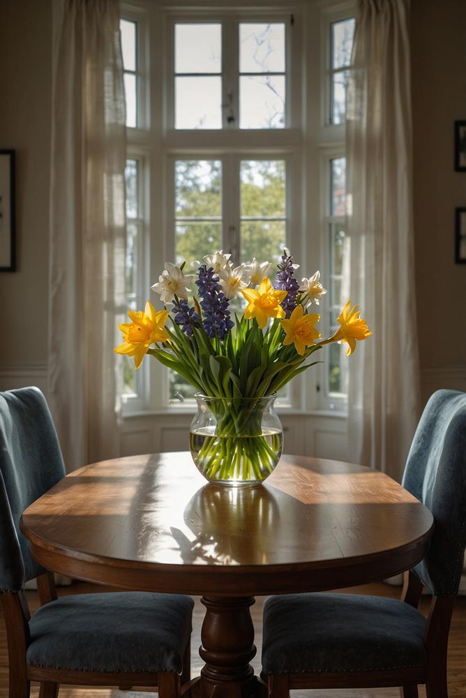 Saisonale Pflanzen als Esstisch-Mittelpunkt, hell und modern