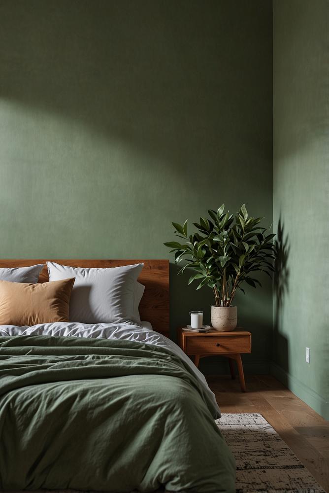 Schlafzimmer in Salbeigrün mit vertikaler Pflanzenwand hell und harmonisch