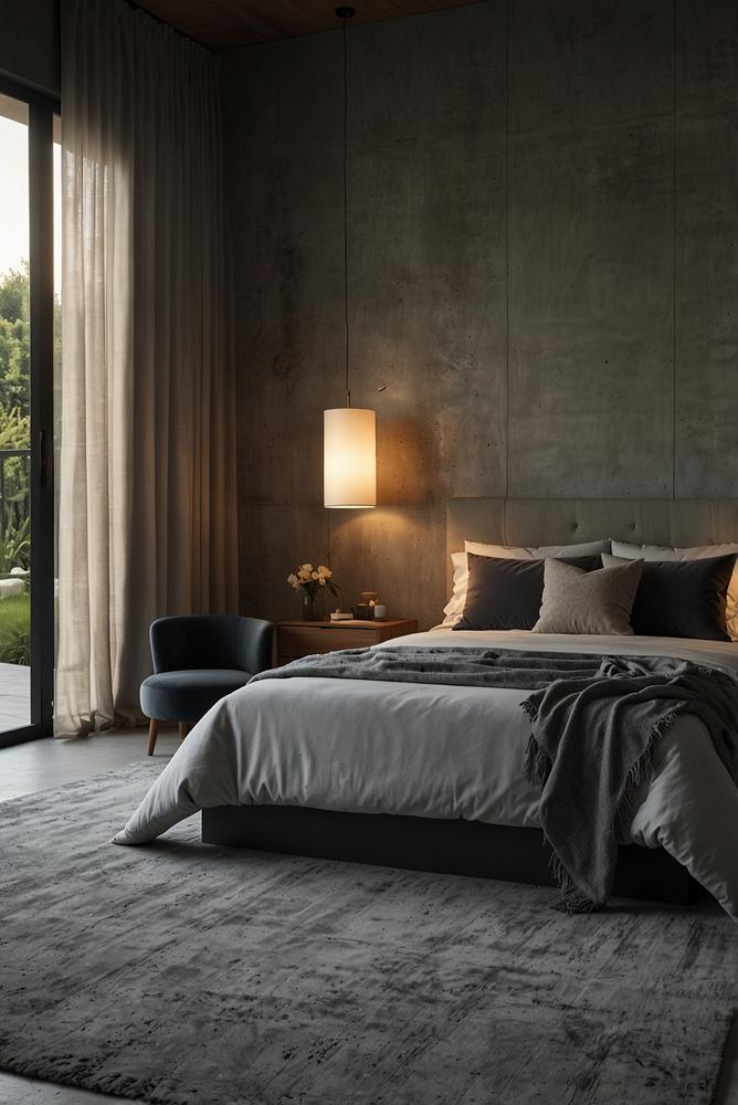 Schlafzimmer in grauer Betonoptik mit harmonischer Gestaltung