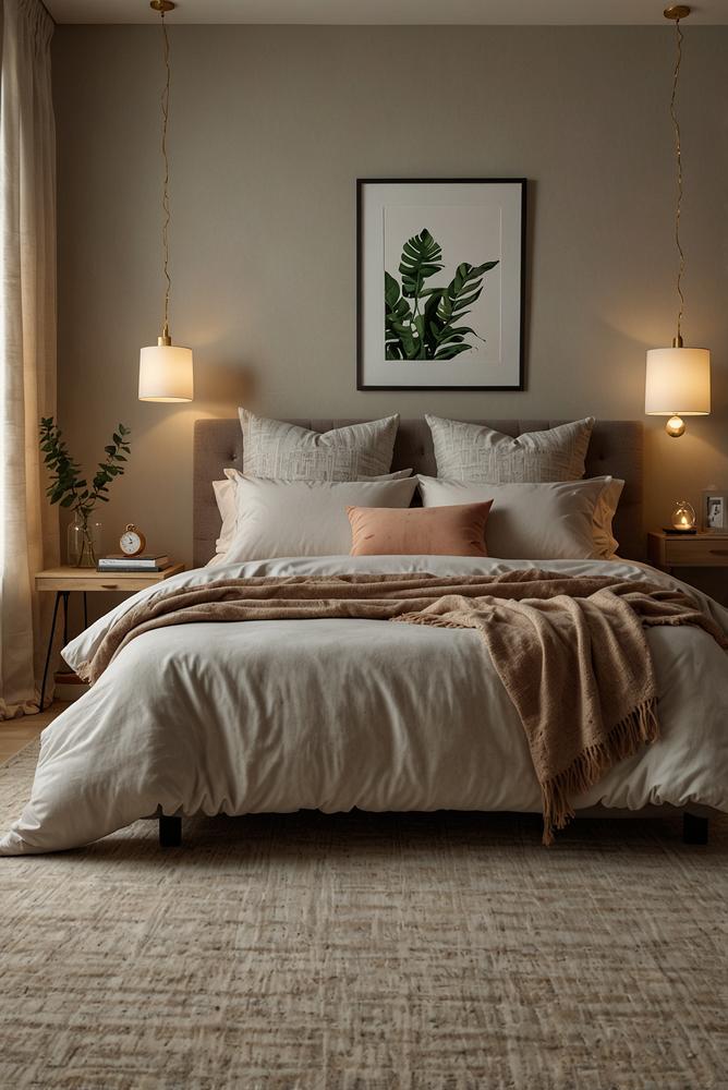 Hell eingerichtetes Schlafzimmer mit Bett und Stauraum