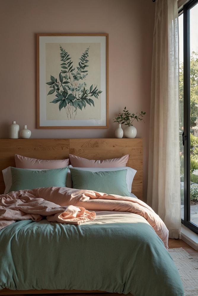 Helles Schlafzimmer mit Pastelltönen und Ahornholz