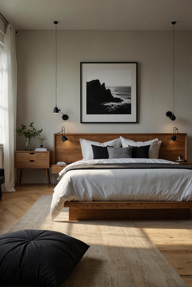Schlafzimmer mit schwarz-weissen Akzenten und Eichenholzbett