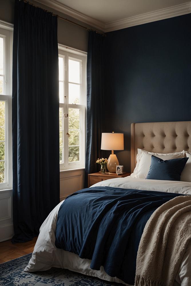 Gemütliches Schlafzimmer mit tiefem Indigo und Samtvorhängen