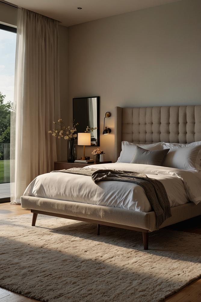 Schlafzimmerbett mit schlankem gepolstertem Kopfteil in hellem Raum