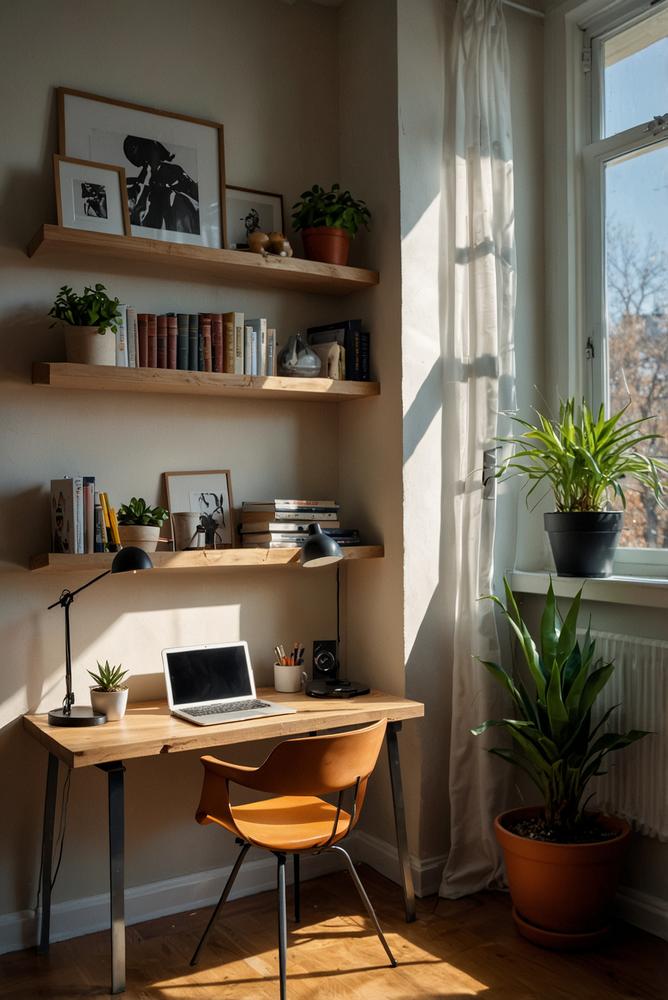 Helles Arbeitszimmer mit schmalem Eckregal