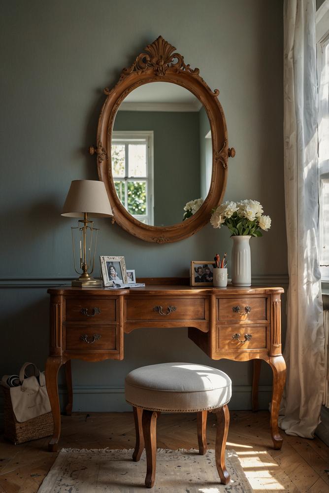 Helles, vintage Schuhregal aus altem Schminktisch im Flur