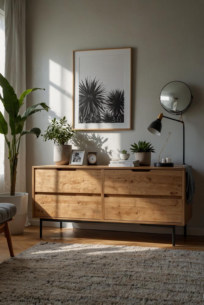 Schwebende Kommode im kleinen Schlafzimmer, modern und hell