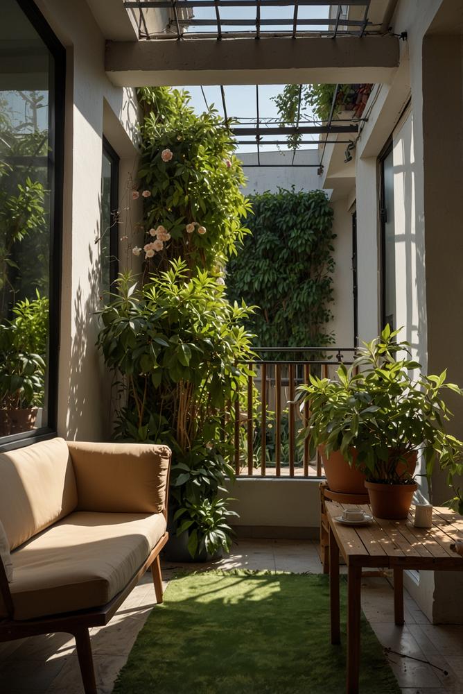 Heller Balkon mit Sichtschutz und Rankgitter mit Kletterpflanzen