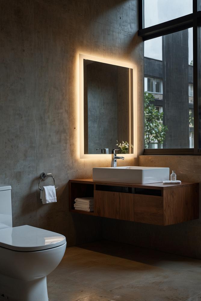 Modernes smartes Badezimmer mit LED Beleuchtung und Spiegel