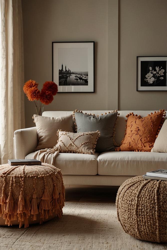 Sofakissen mit Pom-Pom-Saum im hellen Wohnzimmer