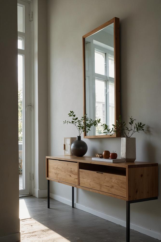 Heller Flur mit Spiegel und Ablage an der Wand
