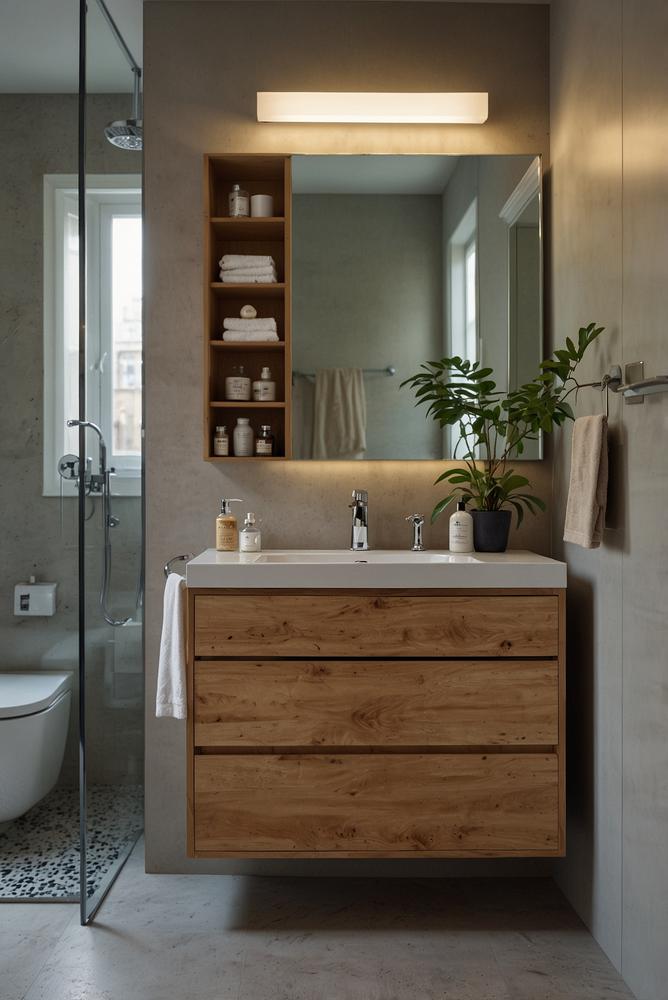 Helles Badezimmer mit modernem Spiegelschrank und Stauraum