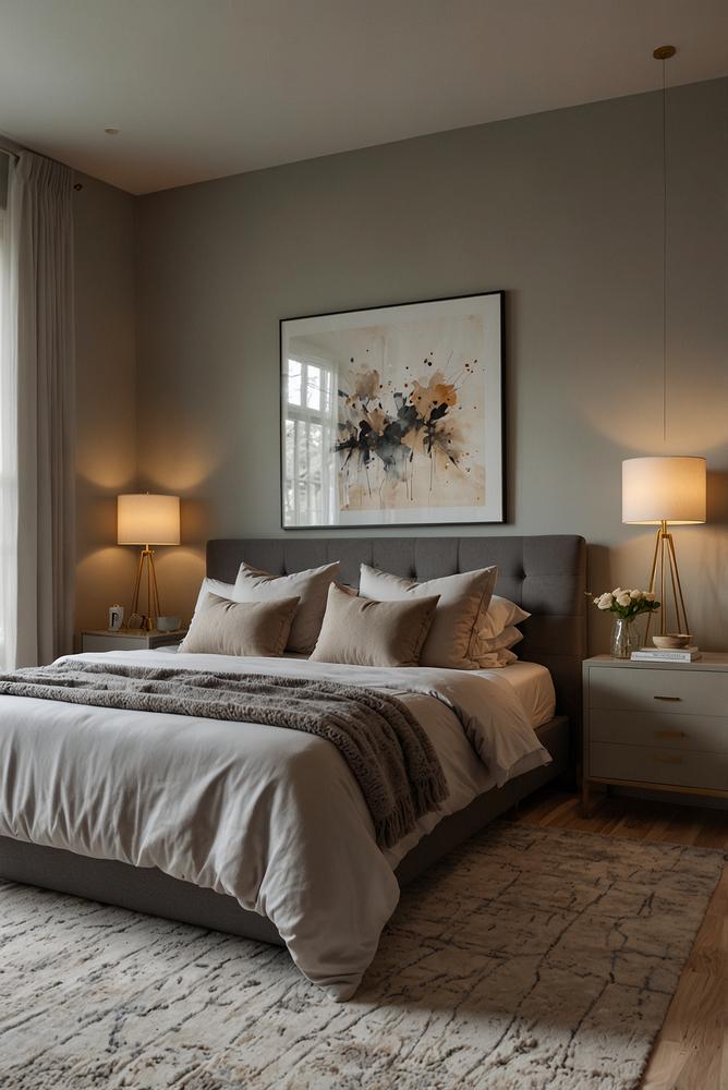 Modernes Schlafzimmer mit stahlgrauen Akzenten und Wollteppich