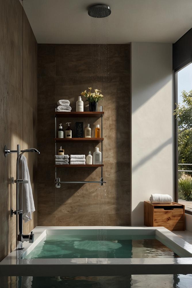 Helle Badlandschaft mit haengenden Koerben an Duschstange