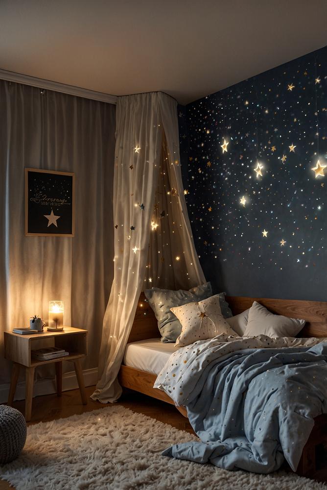 Kinderzimmer mit Sternenhimmel-Lichtern über dem Bett