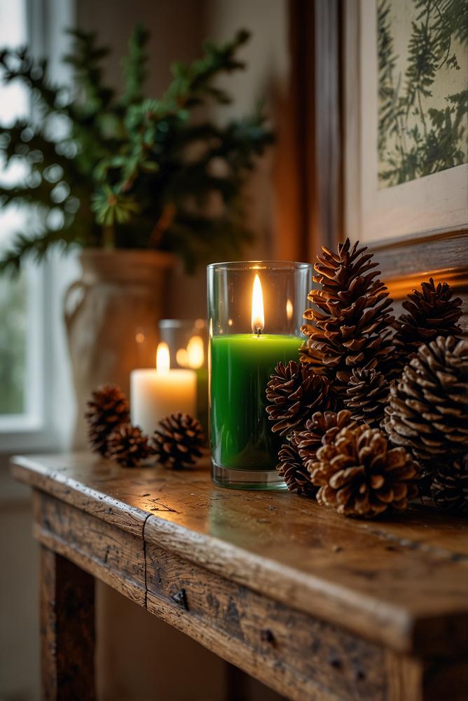Adventsdeko mit Tannenzweigen auf der Kommode, hell und einladend