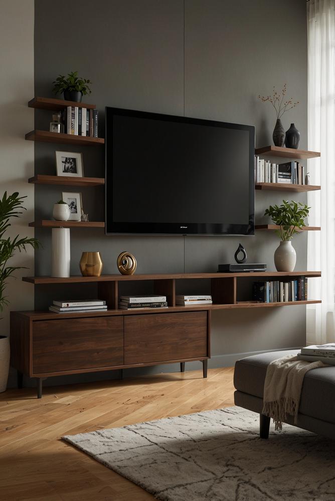 Hell und modern eingerichtetes TV-Möbel-Regal mit Soundbar