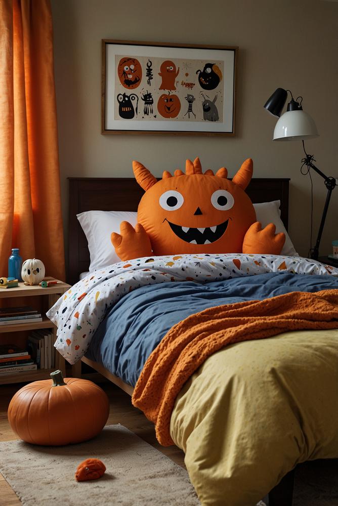 Süße Monster-Kissen auf einem hellen Kinderzimmer-Bett