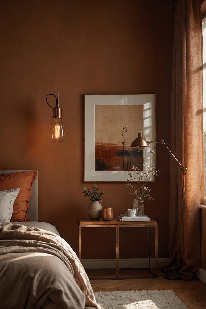 Schlafzimmer mit Terrakottawänden und Kupferlampen hell und einladend