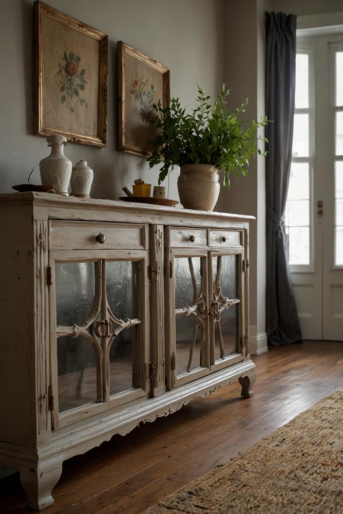 Helles Wohnzimmer mit upgecyceltem Buffet-Raumteiler