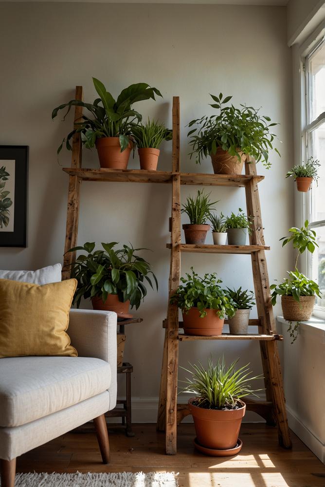 Helles Pflanzenregal aus alter Leiter im modernen Raum