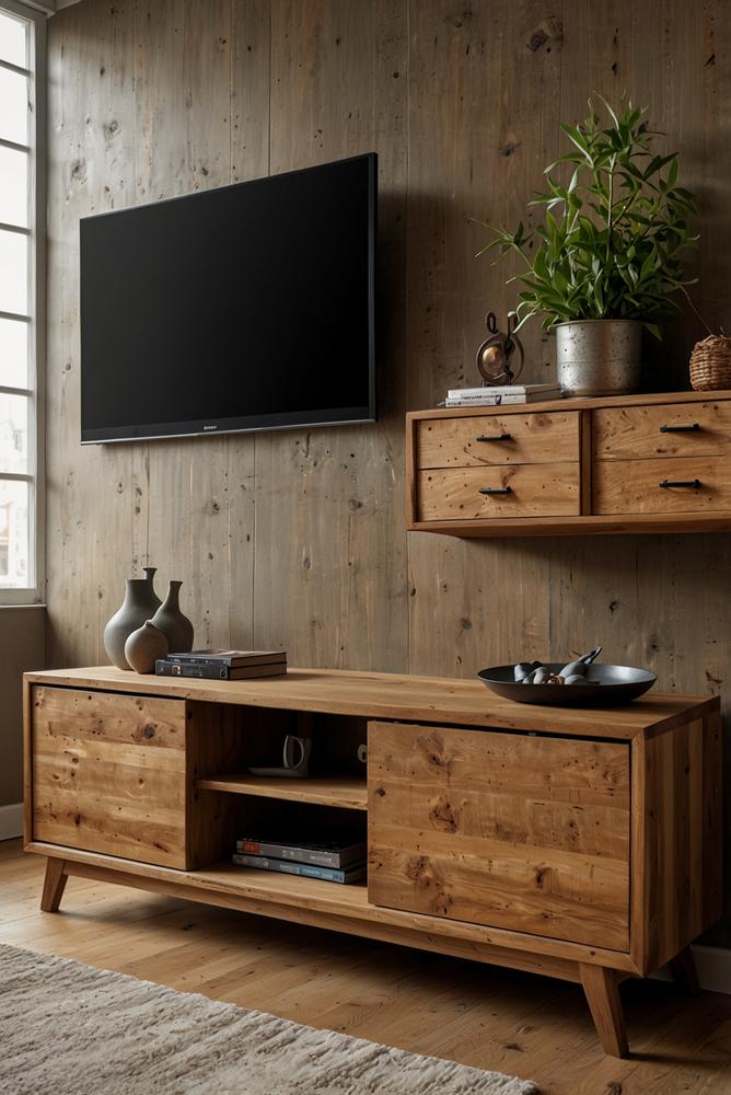 Helle TV-Wand aus altem Sideboard mit LED-Lichtern