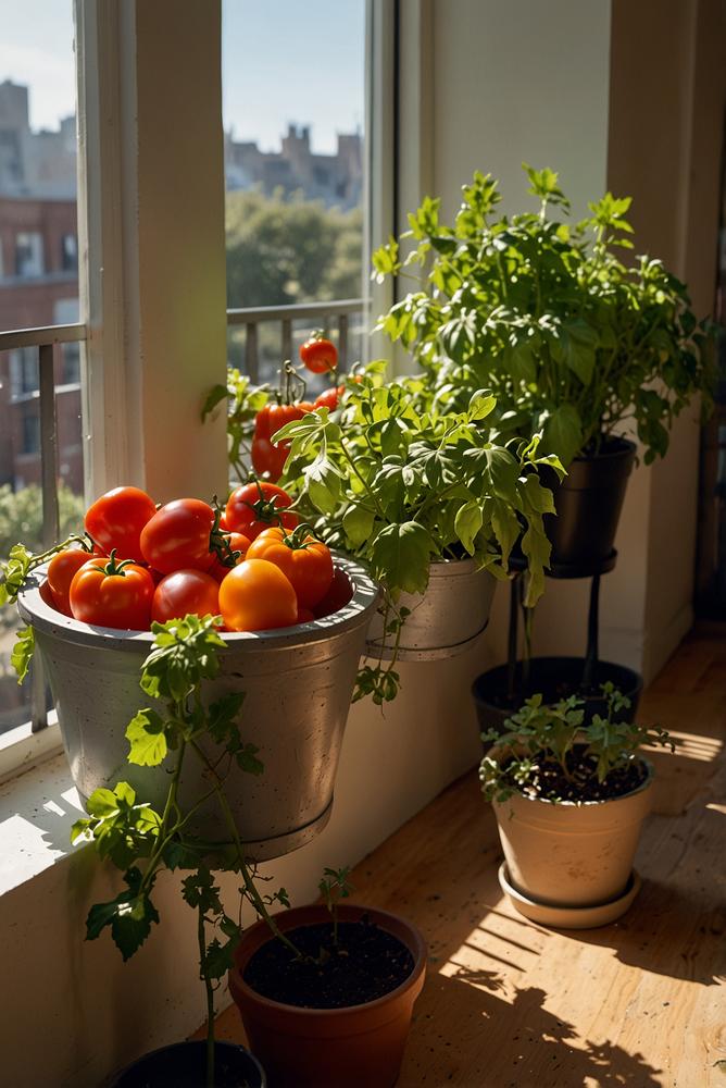 Urbanes Gemüsegarten mit Tomaten Paprika Salat Balkondeko