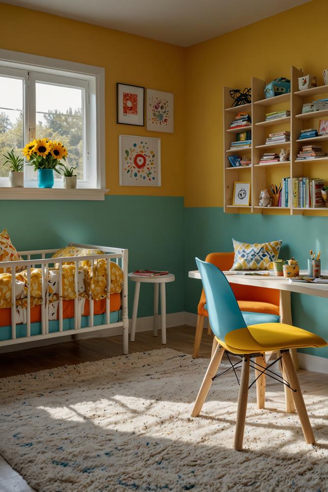 Kinderzimmer mit bunten Wandfarben und farbenfrohen Möbeln