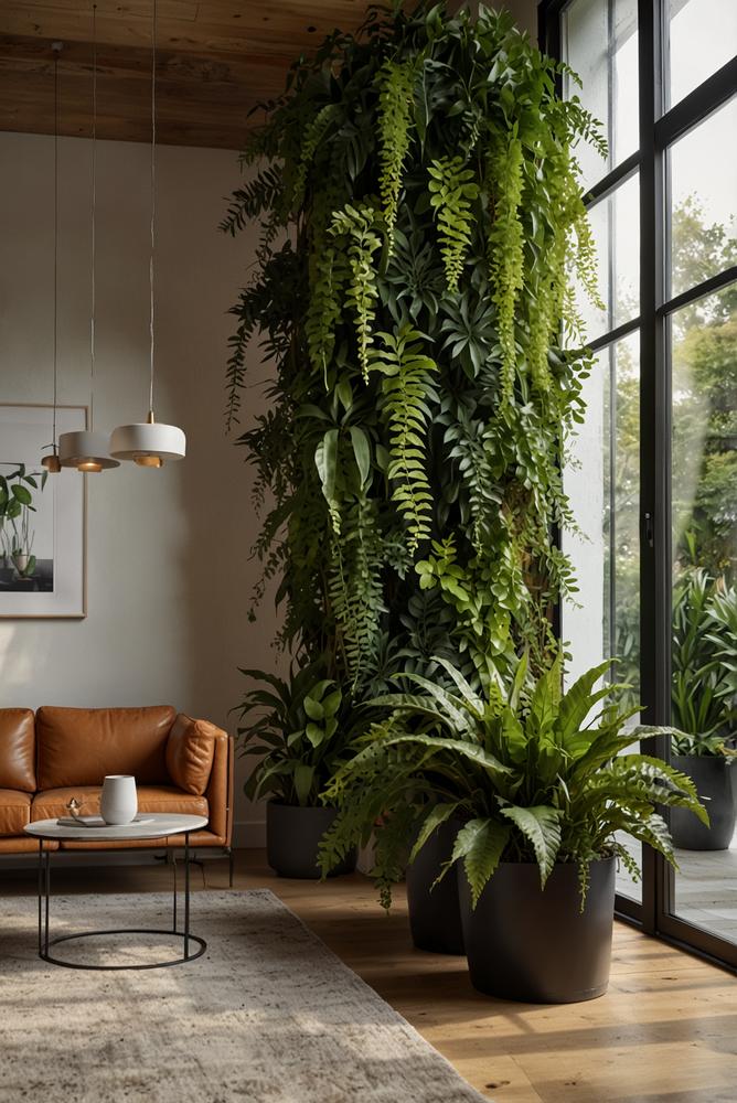 Vertikale Pflanzenwand mit verschiedenen grünen Pflanzen im Raum