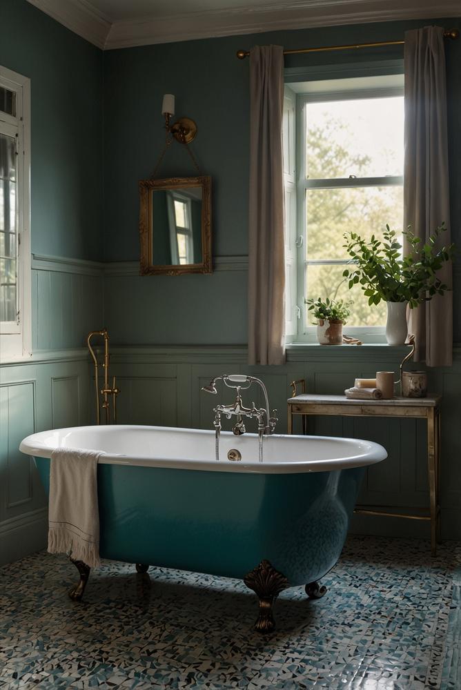 Vintage Badezimmer mit freistehender Badewanne und Retro-Armaturen