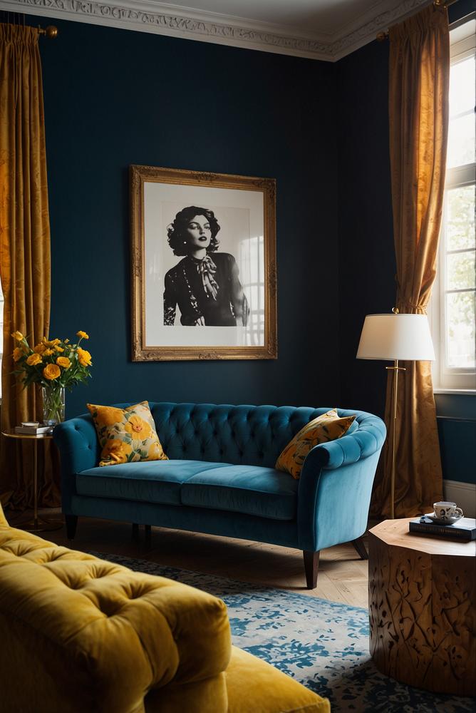 Vintage-Möbel und moderne Farben im hellen Wohnzimmer