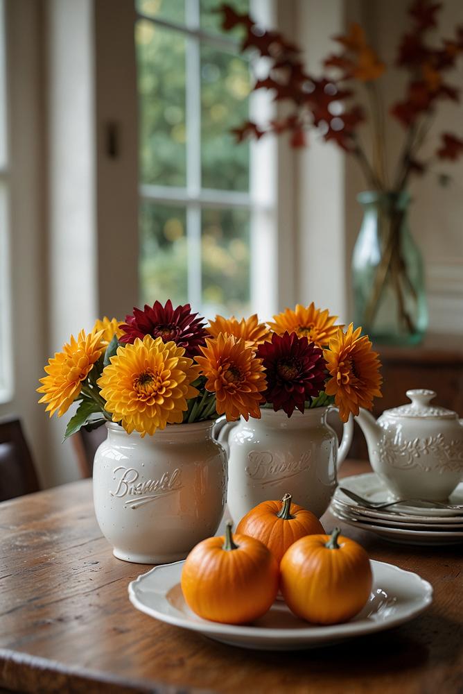 Vintage Teeservice mit herbstlichen Blumen auf Beistelltisch