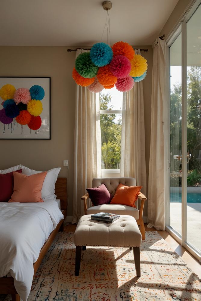 Heller Raum mit Wandbehang aus bunten Pom-Pom-Bommeln