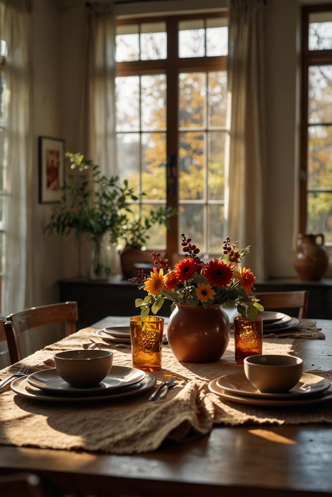 Herbstliche Tischdeko mit warmen Platzsets und Serviettenringen
