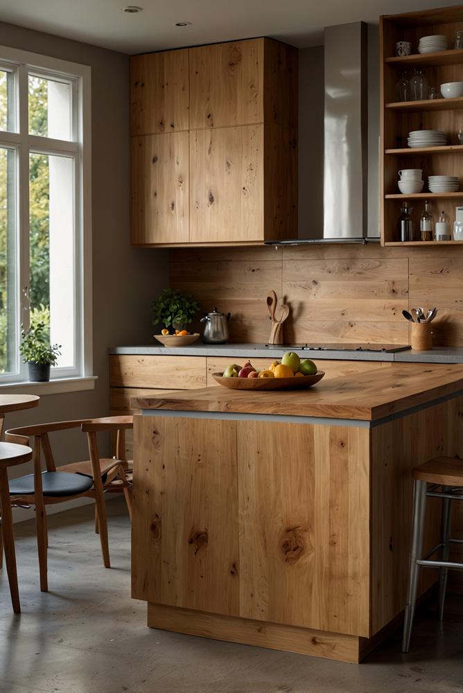 Kueche mit warmen Holzarbeitsflaechen und modernem Design