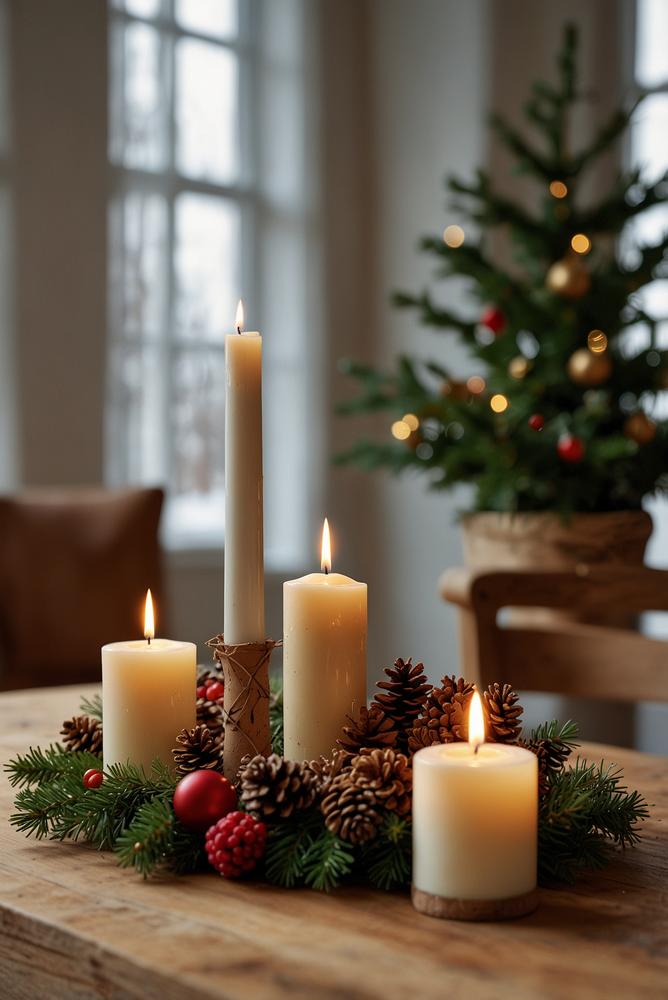 Heller, klassischer Adventskranz mit Kerzen auf Holztisch