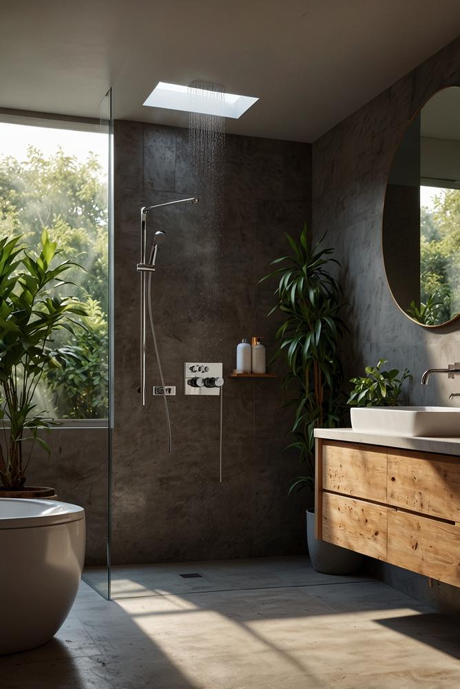 Modernes Wellness-Badezimmer mit Regendusche und Pflanzen
