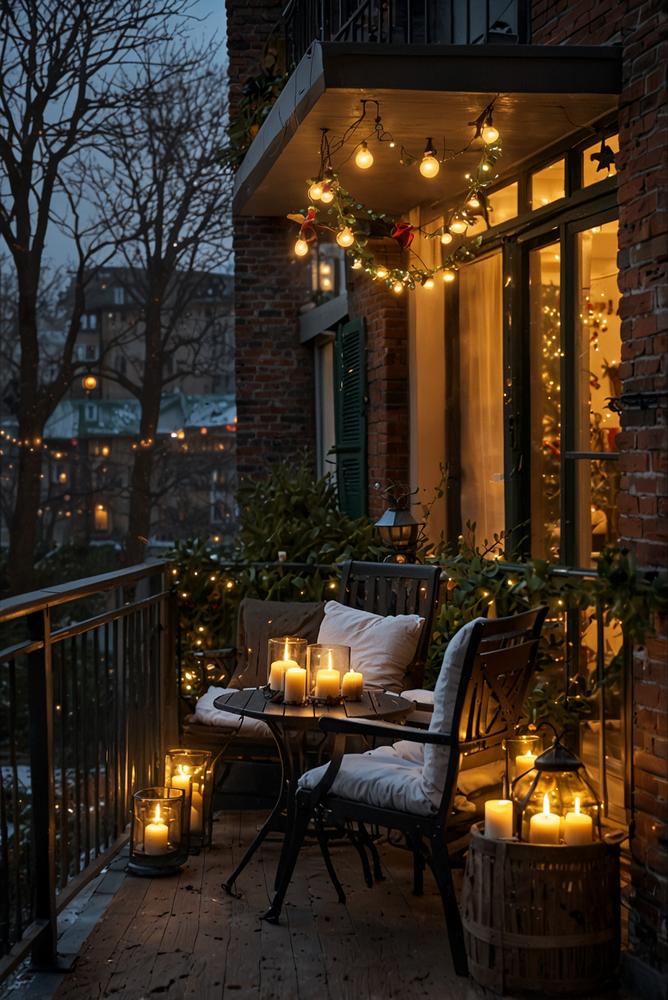 Hell beleuchteter Balkon mit wetterfester Adventsdeko