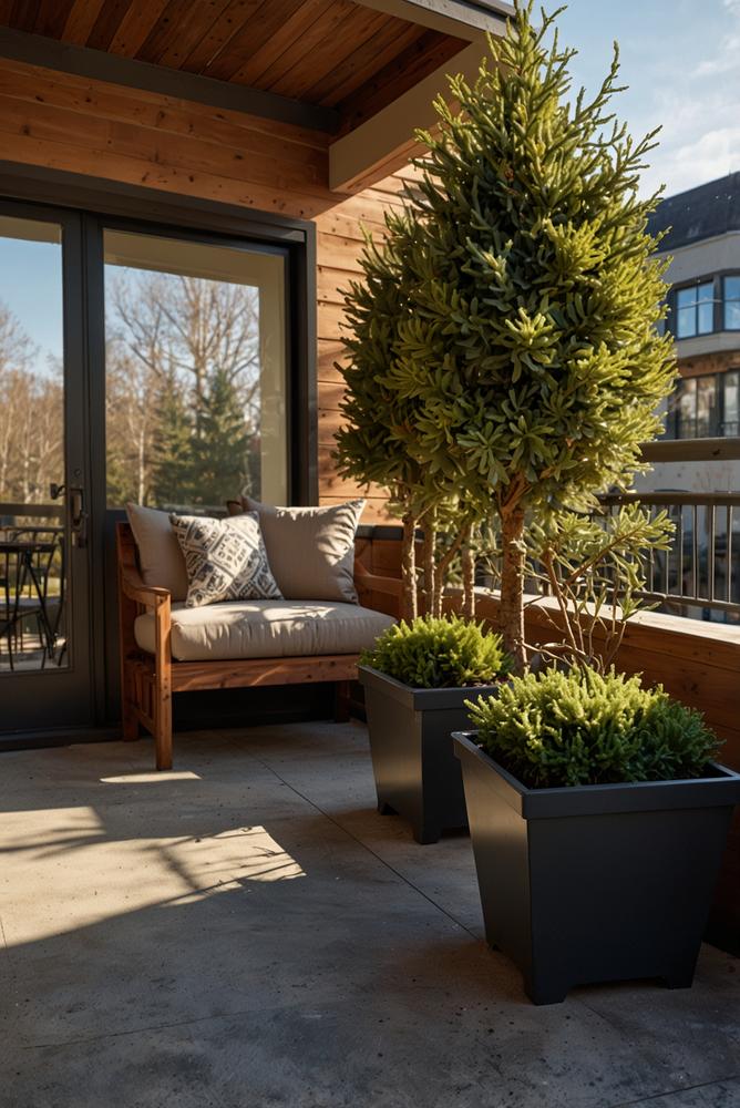 Winterlicher Balkon mit Heizstrahlern und immergrünen Pflanzen