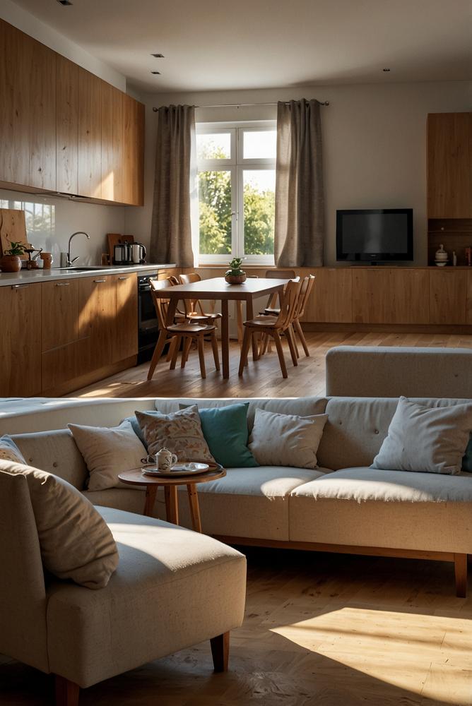helle wohnliche küche mit tv-ecke für gemeinsames entspannen